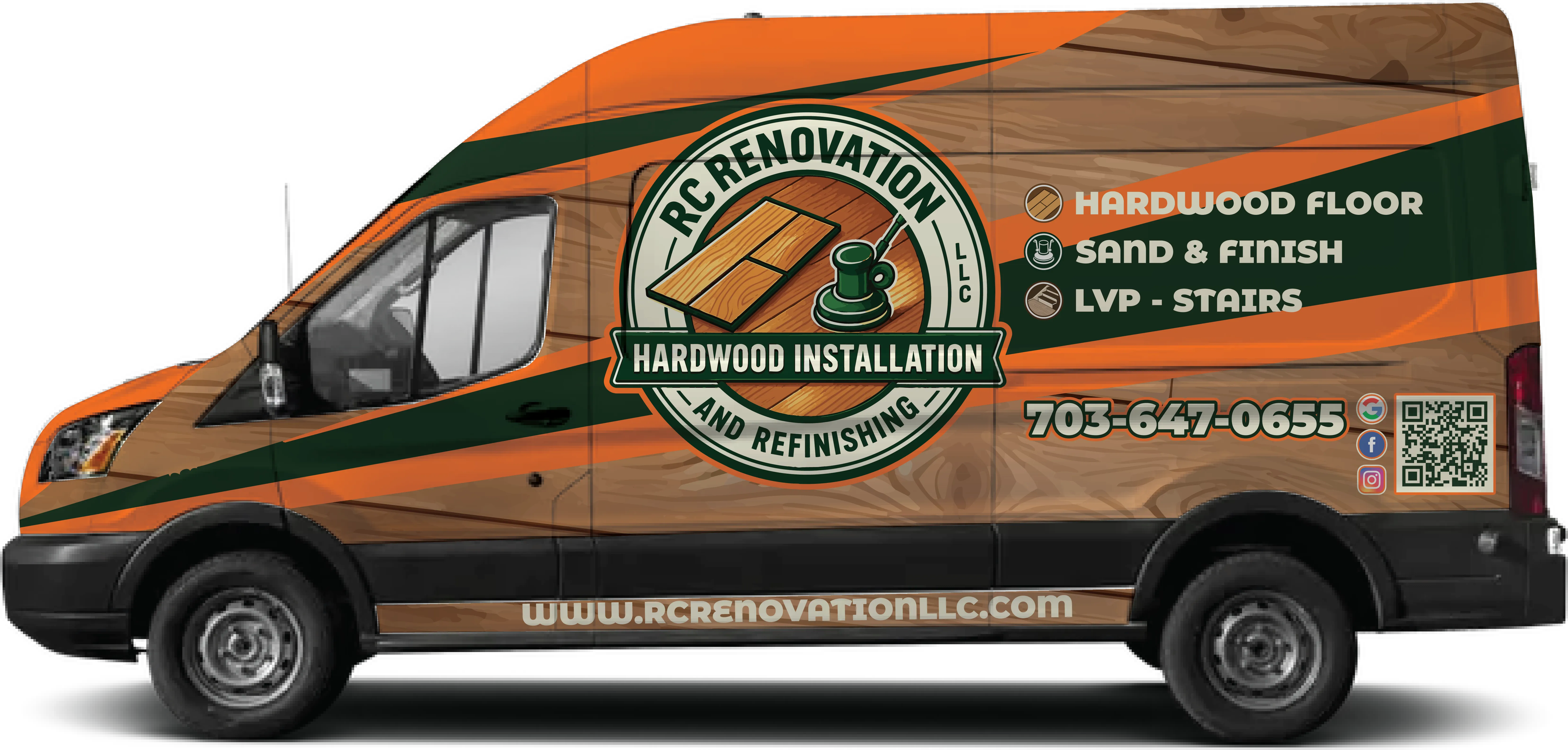 RC Renovation LLC hardwood flooring van with a full Otis Graphics wrap design