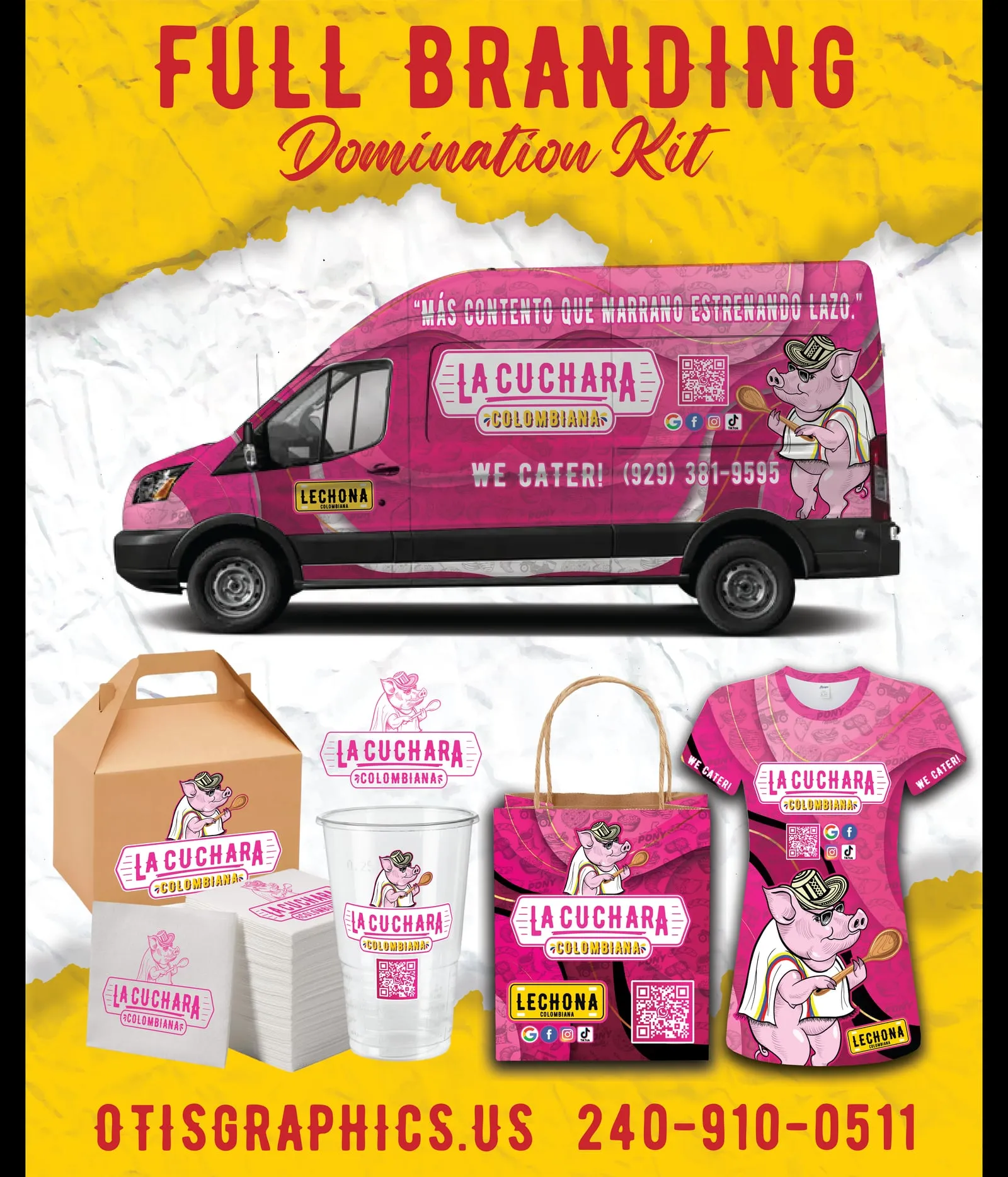 La Cuchara Colombiana full branding kit: van wrap, packaging, apparel, and bags designed by Otis Graphics