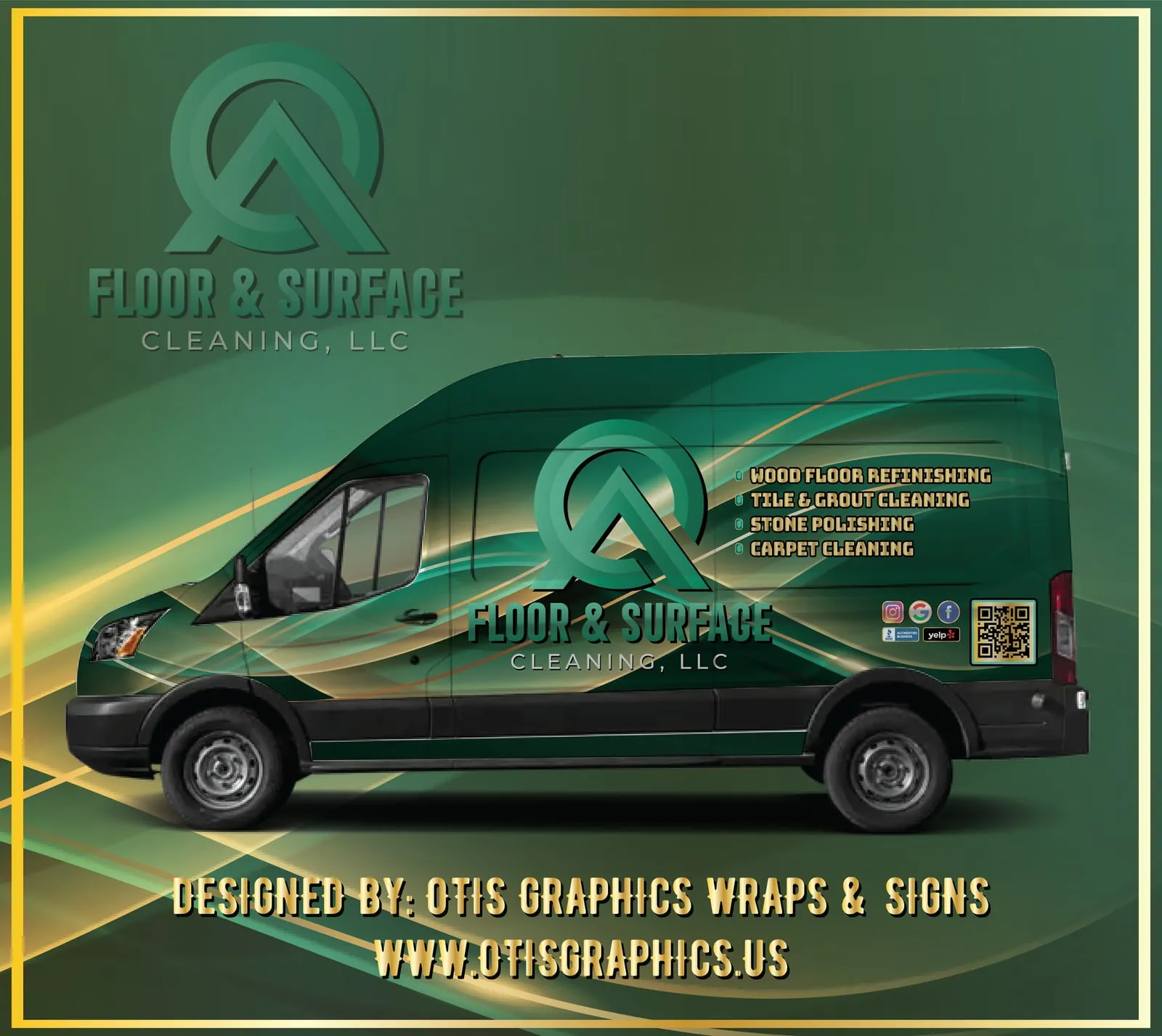 QA Floor and Surface Cleaning logo and branding design applied to a service van wrap