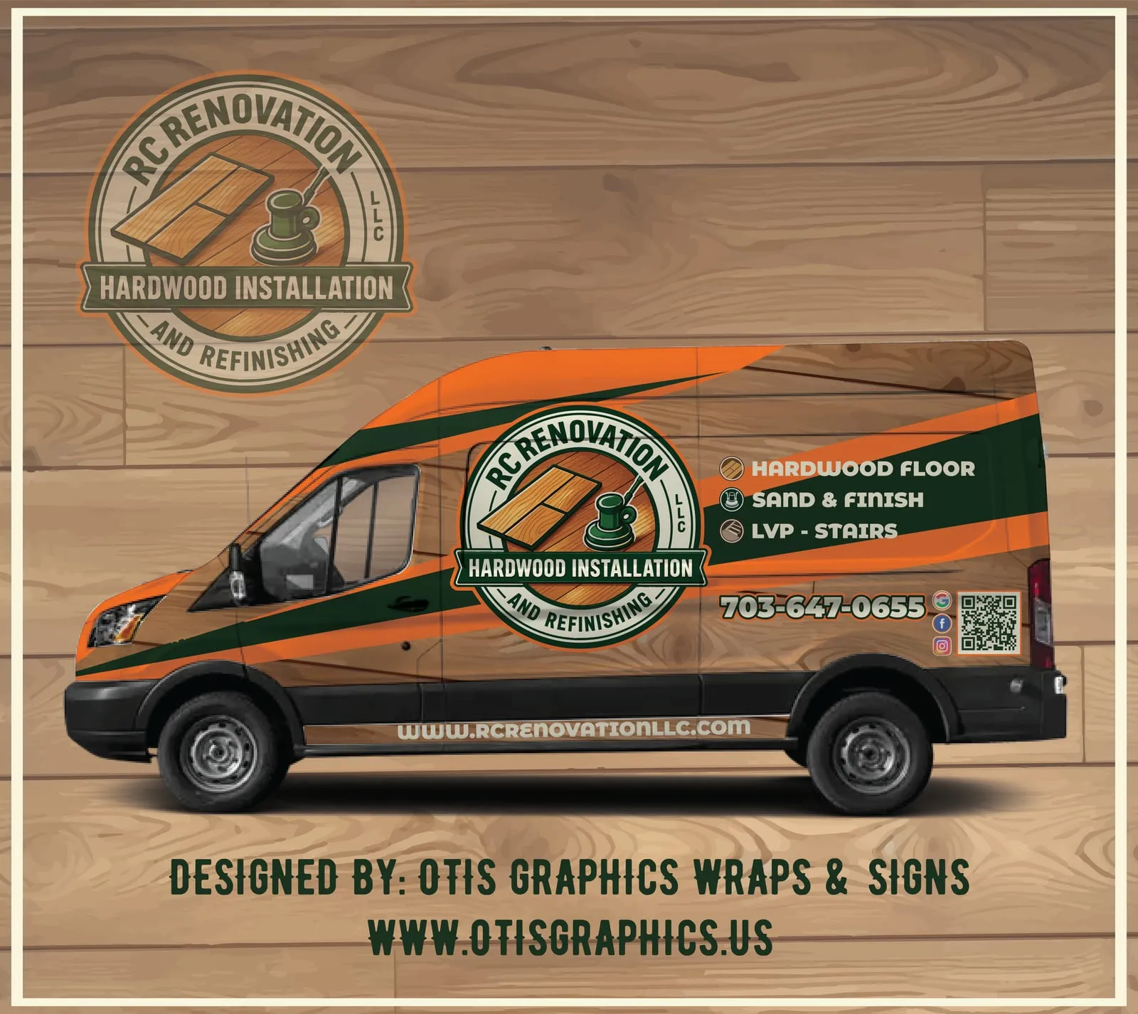 RC Renovation LLC logo and branding design applied to a service van wrap