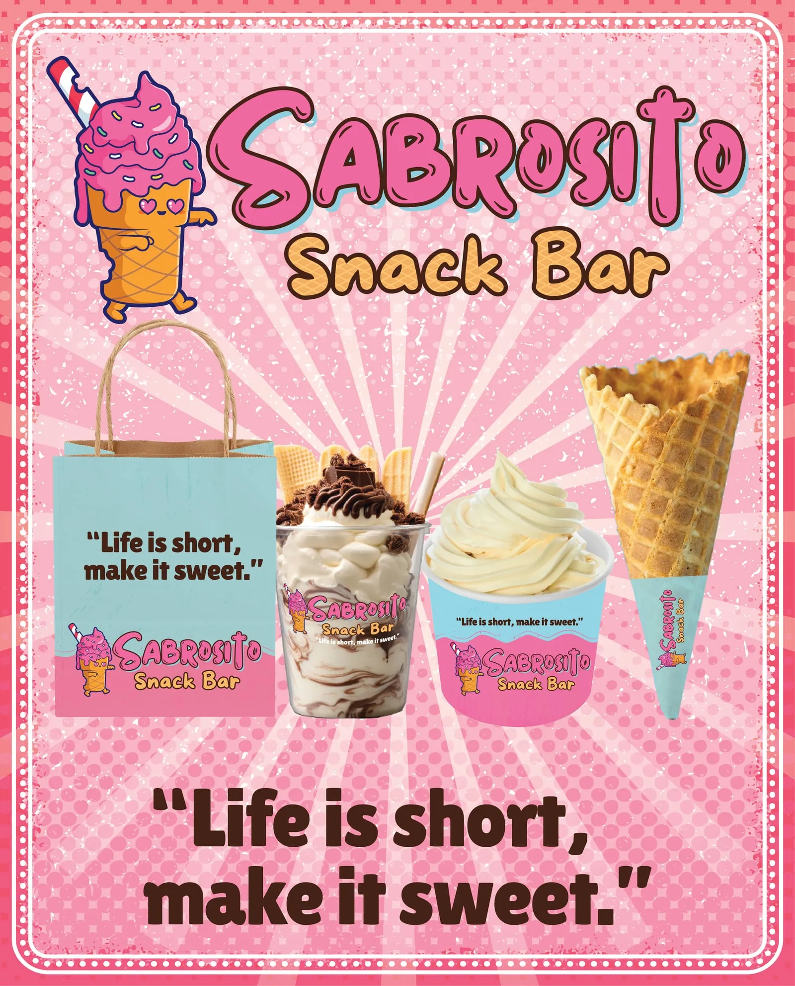 Sabrosito Snack Bar logo and branding applied to bags, cups, and packaging