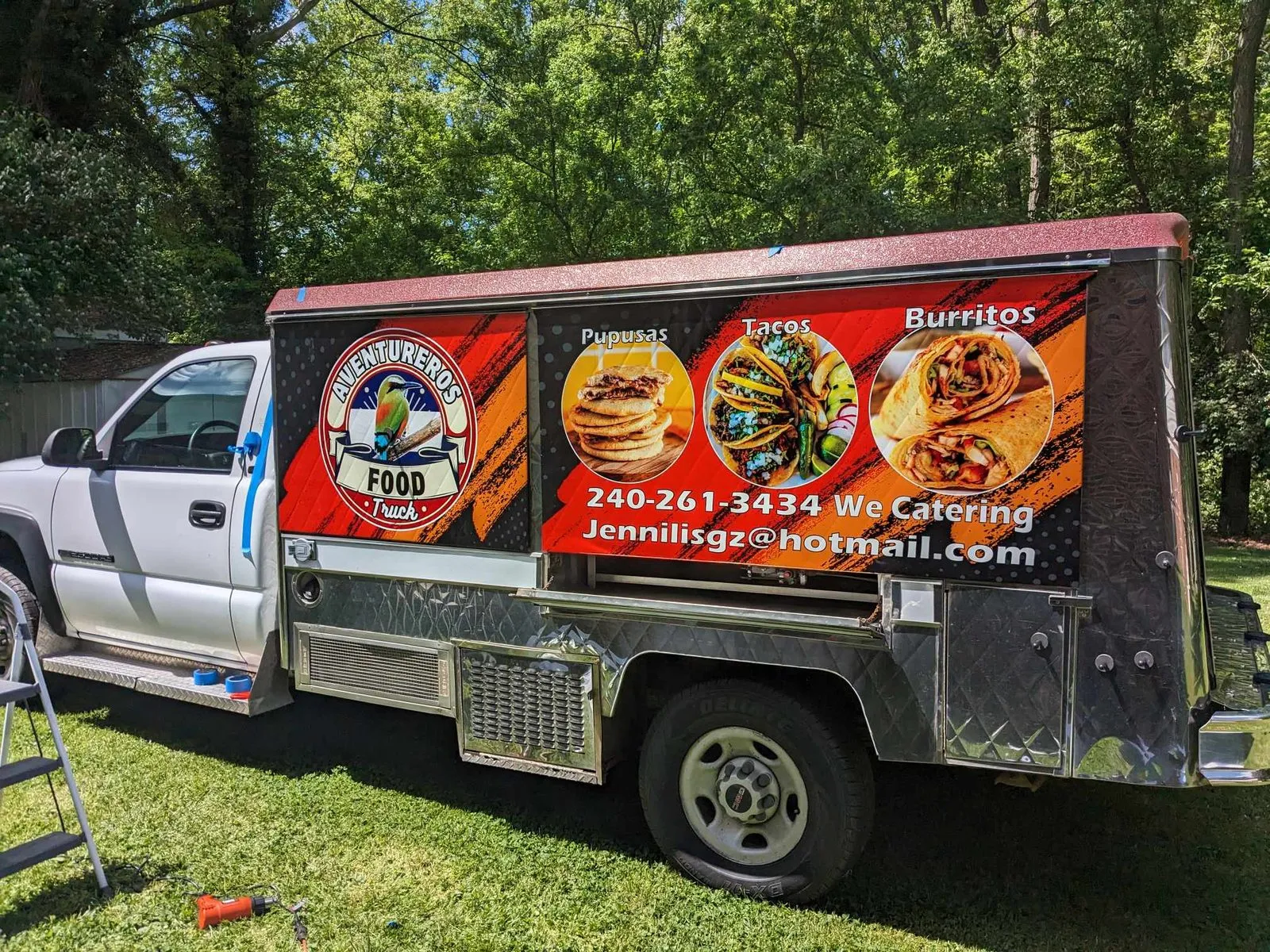 Tacos and burritos food trailer, side view, colorful menu wrap